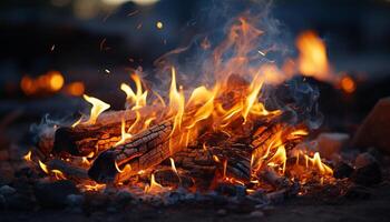 Flame ignites wood, creating a vibrant, glowing bonfire in nature generated by AI photo