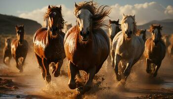 corriendo semental en un prado, puesta de sol ilumina el majestuoso paisaje generado por ai foto