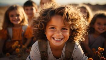 sonriente niño, felicidad, alegre chicas, al aire libre, infancia, Niños teniendo divertido generado por ai foto