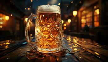 A frothy pint of beer on a wooden table at night generated by AI photo