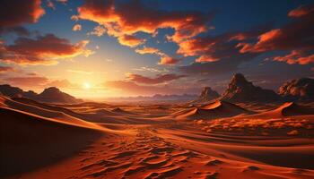 Sand dune landscape at sunset, outdoors, with cloud filled sky generated by AI photo