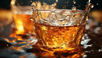 refrescante whisky vertido dentro un vaso, creando un dorado líquido generado por ai foto
