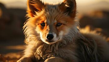 Cute puppy sitting outdoors, looking at camera with playful nature generated by AI photo