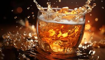 Whiskey pouring, glass wet, background yellow, ice splashing, gold motion generated by AI photo