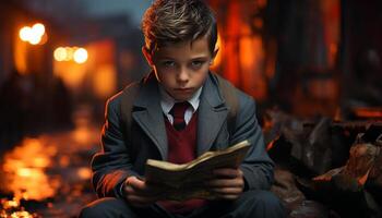 uno niño sentado al aire libre, leyendo libro, rodeado por parpadeando fuego generado por ai foto