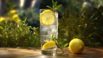 Fresh lemon slice on a wooden table, refreshing summer drink generated by AI photo