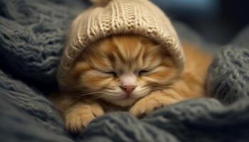 Cute kitten with fluffy fur, sleeping in comfortable warmth generated by AI photo