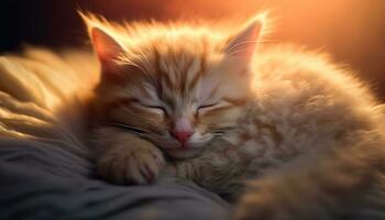 Cute kitten sleeping, fur softness, striped, staring at sun generated by AI photo