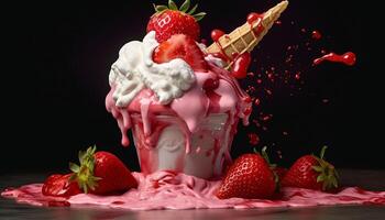 Strawberry dessert, gourmet ice cream, fresh berry, whipped cream generated by AI photo