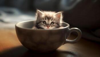 Cute kitten sitting on table, looking at camera curiously generated by AI photo