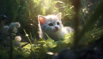 Cute kitten sitting in grass, staring at camera playfully generated by AI photo
