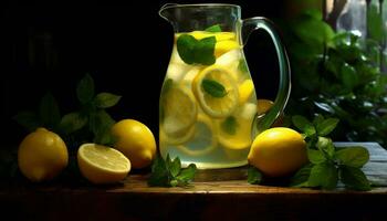 Fresh lemonade on a wooden table, garnished with mint generated by AI photo