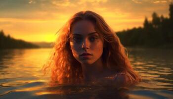 A beautiful young woman enjoying the sunset by the water generated by AI photo