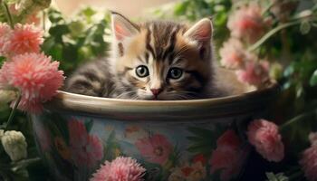 Cute kitten sitting in flower pot, looking at camera generated by AI photo