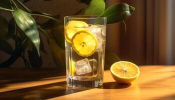 Fresh lemonade on a wooden table, perfect summer refreshment generated by AI photo