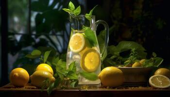 Fresh lemonade on a wooden table, a refreshing summer drink generated by AI photo