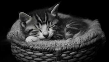 Cute kitten sleeping, fur softness, black and white, whisker portrait generated by AI photo