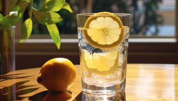 Refreshing lemonade on a wooden table, perfect for summer generated by AI photo