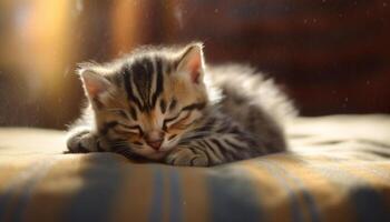 Cute kitten sleeping, striped fur, staring with curious eyes generated by AI photo