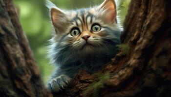 Cute kitten sitting on grass, looking at camera curiously generated by AI photo