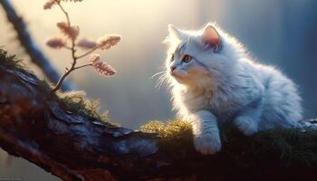 Cute kitten sitting in grass, staring at nature beauty generated by AI photo