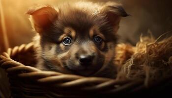 Cute puppy sitting outdoors, playing with fluffy yellow toy generated by AI photo