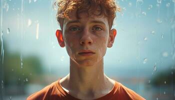 joven adulto caucásico masculino mirando a cámara, sonriente en lluvia generado por ai foto