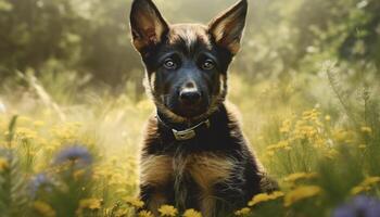 Cute puppy sitting in the grass, looking at camera generated by AI photo