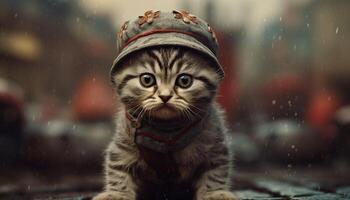 Cute kitten sitting in snow, looking at camera generated by AI photo