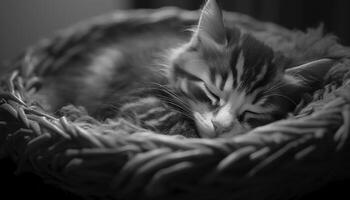 linda gatito dormido en un cesta, rodeado por naturaleza generado por ai foto