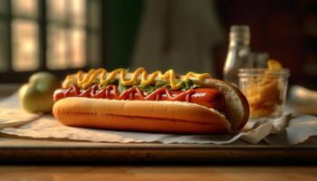 Grilled meat on table, meal with beef and hot dog generated by AI photo