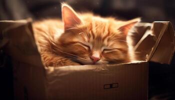 Cute kitten hiding in a box, staring with curiosity generated by AI photo