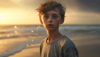 Smiling boys enjoying nature beauty at sunset by water generated by AI photo