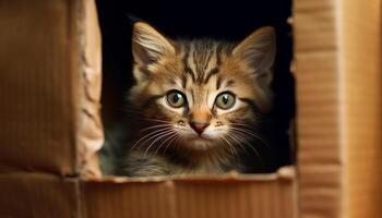 Cute kitten hiding, peeking out, staring with curious eyes generated by AI photo