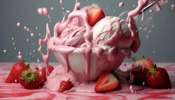Fresh strawberry dessert, sweet ice cream, healthy gourmet indulgence generated by AI photo