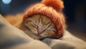 Cute kitten sleeping, cozy and comfortable in winter fur generated by AI photo