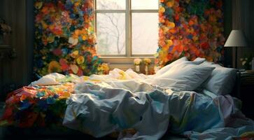 cómodo cama con multi de colores lecho en un moderno dormitorio generado por ai foto