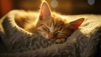 Cute kitten sleeping, striped fur, softness, fluffy, relaxation indoors generated by AI photo