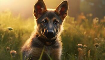 Cute puppy sitting on grass, looking at camera outdoors generated by AI photo