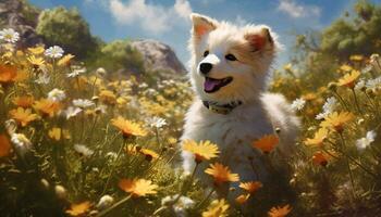 Cute puppy sitting in the grass, enjoying the outdoors generated by AI photo