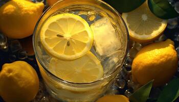 Fresh lemon slice on ice, a refreshing summer drink generated by AI photo