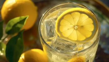 Refreshing lemonade with ice, citrus slice, and mint leaf generated by AI photo