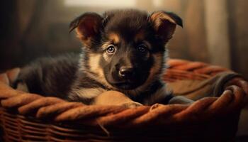 Cute puppy sitting in basket, looking at camera generated by AI photo