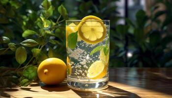 Fresh lemonade on a wooden table, refreshing summer drink generated by AI photo