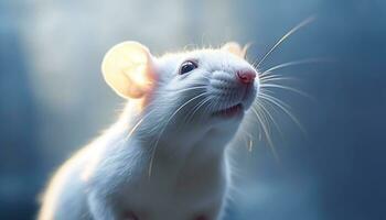 Cute fluffy rat, with whiskers, looking up in laboratory generated by AI photo