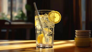 Fresh lemonade on wooden table, a refreshing summer drink generated by AI photo