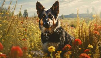 linda alemán pastor perrito sentado en verde prado, al aire libre generado por ai foto