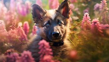 linda perrito sentado en césped, mirando a hermosa flores generado por ai foto