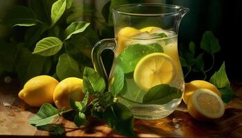 Fresh lemon slice on wooden table, nature refreshing summer drink generated by AI photo