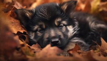 linda perrito jugando en el otoño césped, de pura raza y mullido generado por ai foto